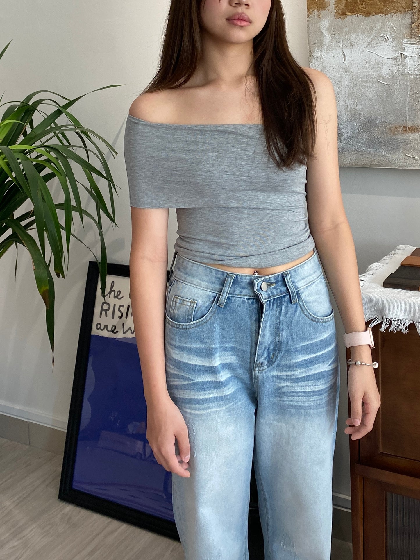 Laina one side shoulder tube top in gray